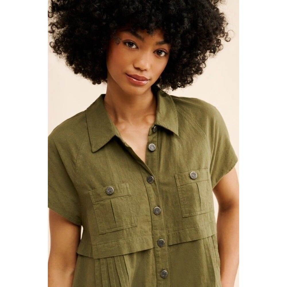 Free People We The Free Ronnie Poplin Mini Dress Buttondown Green S 285975 - Picture 2 of 8